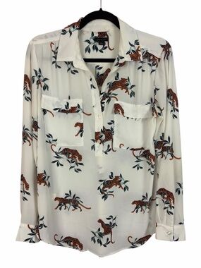 Ann Taylor Leopard Print Blouse Cream Long Sleeve Button Front Medium